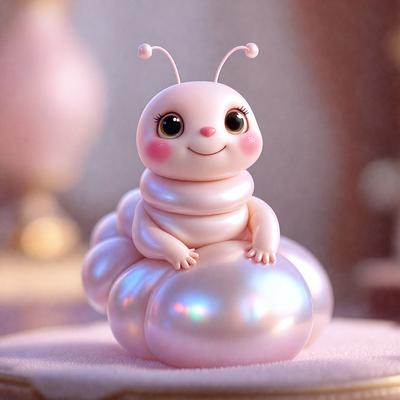 The primary subject of the image is a small, white, pink, and yellow toy caterpillar sitting on a pink surface. The setting is a table, and the visual style appears to be a digital art or illustration. The colors and mood of the image are cheerful and playful, with the caterpillar's bright colors and the pink surface creating a pleasant atmosphere.